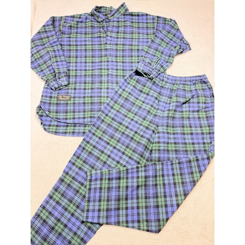 Vermont Flannel Co 100% Cotton PJ Pajama Set Sz Lg Blue Green Plaid USA Lounge